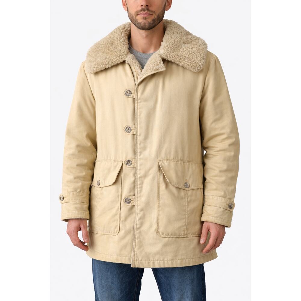 Vintage 1970s Sears Oakbrook Duck Cloth Cream/ Yellow Sherpa Lined Coat Large